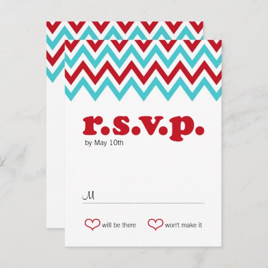 Invitation Carte Postale Rouge moderne et Aqua Chevron & Lovebirds RSVP (Devant / Derrière)