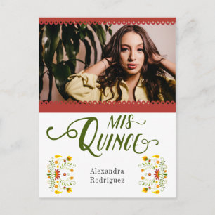 Invitation Carte Postale Rouge traditionnel mexicain Floral Photo Quinceane