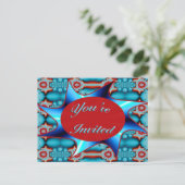 Invitation Carte Postale rouge turquoise vous êtes invité (Debout devant)