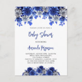 Invitation Carte Postale Royal bleu blanc fleurs garçon baby shower (Devant)