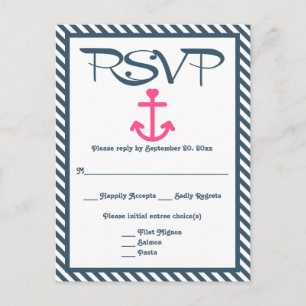 Invitation Carte Postale RSVP Ancre Rose Marine Bleu Rayure Mariage