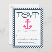 Invitation Carte Postale RSVP Ancre rose marine Mariage à bande bleue (Devant / Derrière)