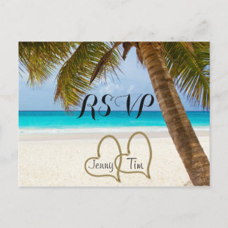 Invitation Carte Postale RSVP beach love coeurs palmier nuptiale sable surf