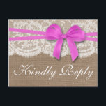 Invitation Carte Postale RSVP, collection de Mariages Rustic Pink Bow<br><div class="desc">La collection rustique de mariage arc rose est un design étonnant avec un joli arrière - plan rustique effet burlap avec un ensemble romantique vintage effet dentelle blanche et un superbe arc rose clair. Ces cartes postales RSVP peuvent être personnalisées pour votre occasion spéciale et feraient la carte de réponse...</div>