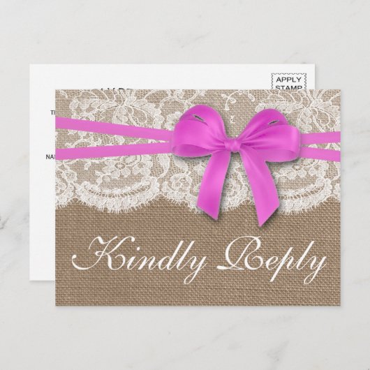 Invitation Carte Postale RSVP, collection de Mariages Rustic Pink Bow (Devant / Derrière)