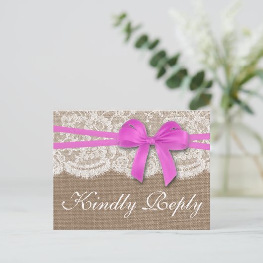 Invitation Carte Postale RSVP, collection de Mariages Rustic Pink Bow (Debout devant)
