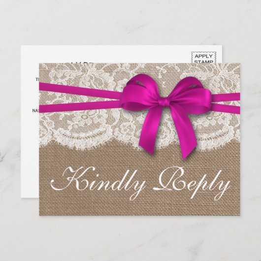 Invitation Carte Postale RSVP, collection de Mariages Rustic Pink Bow (Devant / Derrière)