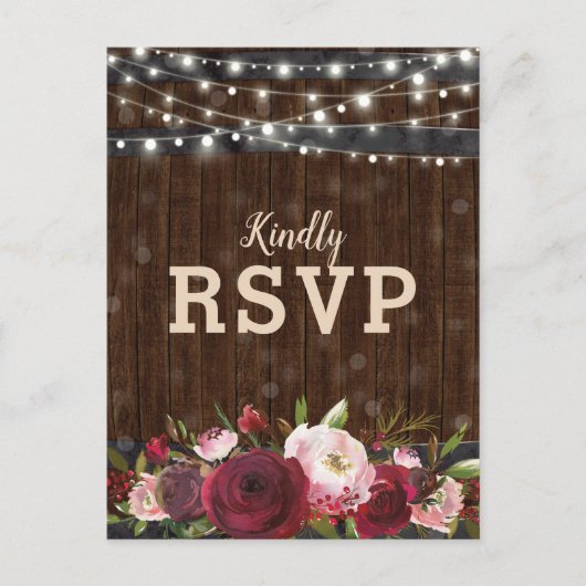 Invitation Carte Postale RSVP de mariage rustique en rouge de Bourgogne ave (Devant)