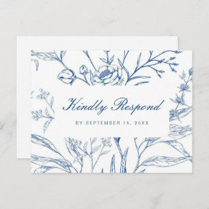 Invitation Carte Postale Rsvp floral bleu et blanc avec choix de repas de s