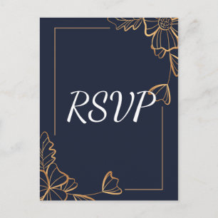 Invitation Carte Postale RSVP floral or et marine
