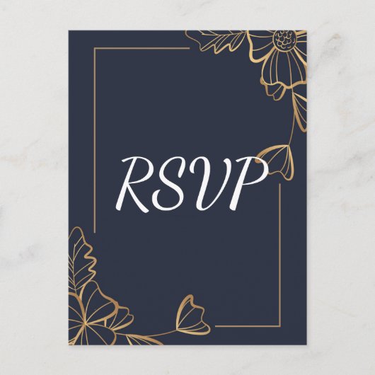 Invitation Carte Postale RSVP floral or et marine (Devant)