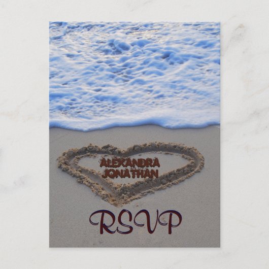 Invitation Carte Postale RSVP Heart in Sand at Beach (Devant)