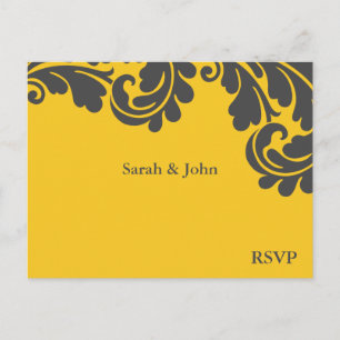Invitation Carte Postale RSVP l'épousant jaune et gris de damassé