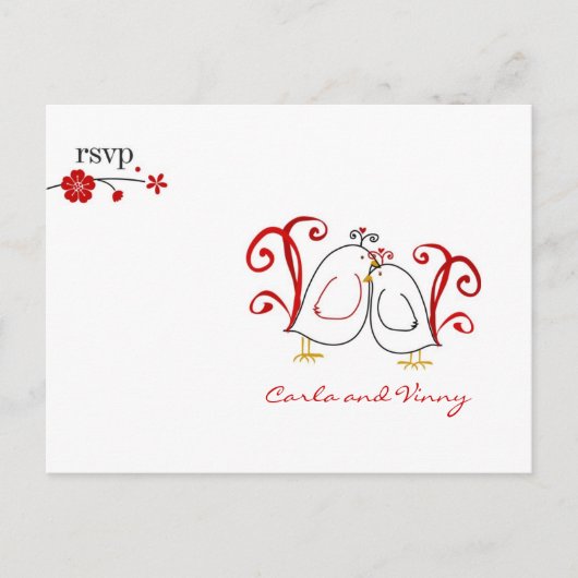 Invitation Carte Postale RSVP lovebirds et cerisiers en fleurs PC (Devant)