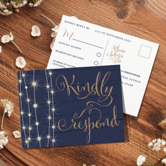 Invitation Carte Postale RSVP Mariage Bleu Rustique et Or