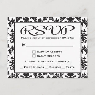 Invitation Carte Postale RSVP Mariage damassé / Parti Noir Et Blanc