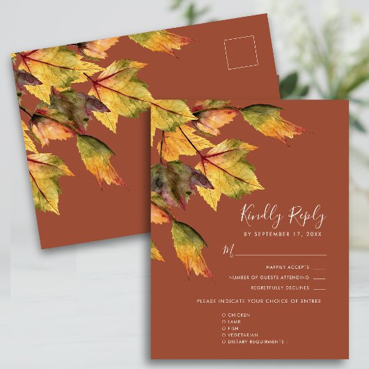 Invitation Carte Postale RSVP Mariage Feuillage d'Automne Brun Rustique 