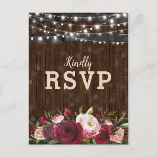Invitation Carte Postale RSVP Mariage Fleurie Rouge Bourgogne Rustique Bari