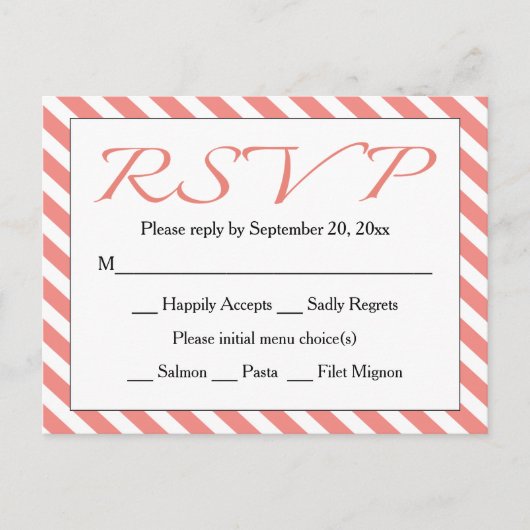 Invitation Carte Postale RSVP Mariage / Parti en bande rose et blanc (Devant)