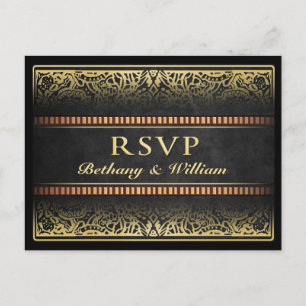 Invitation Carte Postale RSVP Matching Black Gold King Queen Hearts Vegas