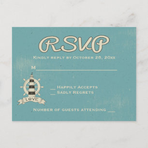 Invitation Carte Postale RSVP nautique bleu turquoise phare roue de gouvern