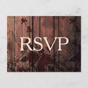 Invitation Carte Postale RSVP Red Floral Faux dentelle et bois