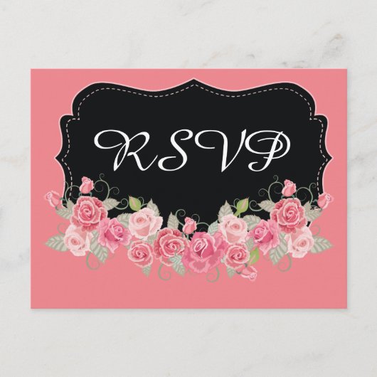 Invitation Carte Postale RSVP rose et noir (Devant)