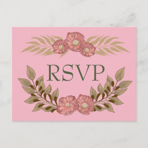 Invitation Carte Postale RSVP rose et vert