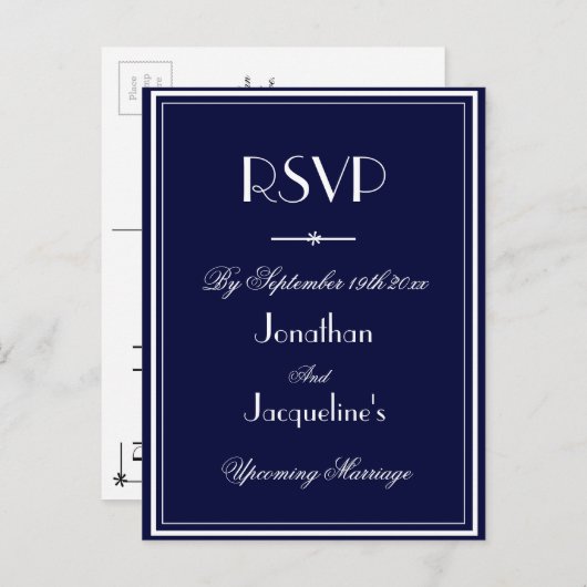 Invitation Carte Postale RSVP Simple Elegant Marine Blue Wedding RSVP Répon (Devant / Derrière)