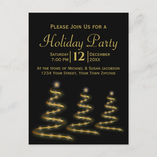 Invitation Carte Postale Ruban d'or Arbres de Noël Black Holiday Party (Devant)