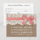Invitation Carte Postale Ruban rose sur Burlap & dentelle Fête des mariées (Devant / Derrière)