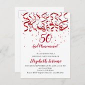 Invitation Carte Postale Ruban rouge moderne et Confetti 50e anniversaire (Devant / Derrière)