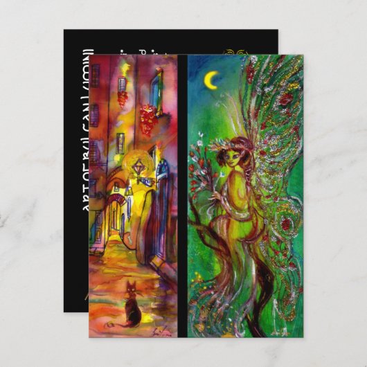 Invitation Carte Postale Rue la nuit et Fée verte (Devant / Derrière)