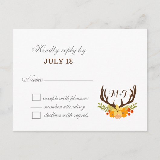 Invitation Carte Postale Russe Antler Deer Floral Mariage de bois (Devant)