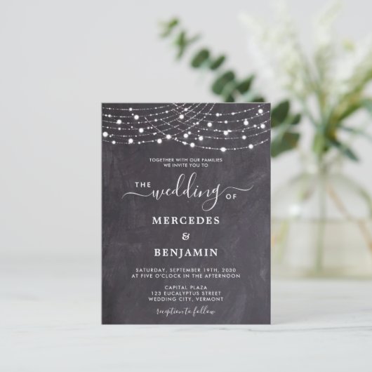 Invitation Carte Postale Russe Chalkboard String lights QR Code Mariage (Debout devant)