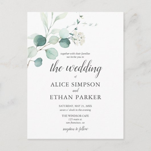 Invitation Carte Postale Russe Eucalyptus Script Mariage d'été (Devant)