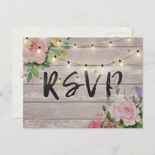 Invitation Carte Postale Russe Mariage Floral Bois Chaîne Lumière RSVP Répo (Devant / Derrière)
