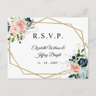 Invitation Carte Postale Russe Marine Blush or Floral Géométrique RSVP