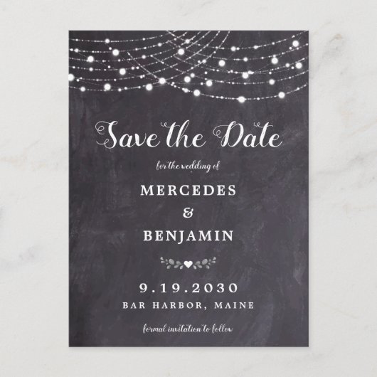 Invitation Carte Postale Russe String Lights Chalkboard Ardoise Mariage Enr (Devant)