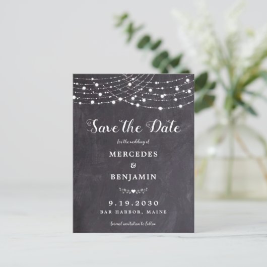 Invitation Carte Postale Russe String Lights Chalkboard Ardoise Mariage Enr (Debout devant)
