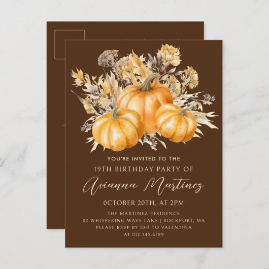 Invitation Carte Postale Rustic Boho Citrouille Automne 19e fête d'annivers (Devant / Derrière)