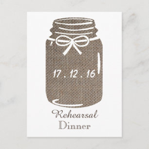 Invitation Carte Postale Rustic Burlap Mason Jar Dîner de répétition Mariag