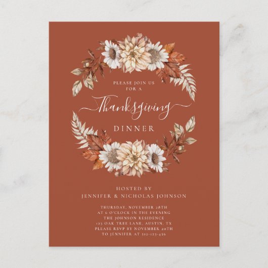 Invitation Carte Postale Rustic Fall Floral Feuilles Thanksgiving Dîner (Devant)