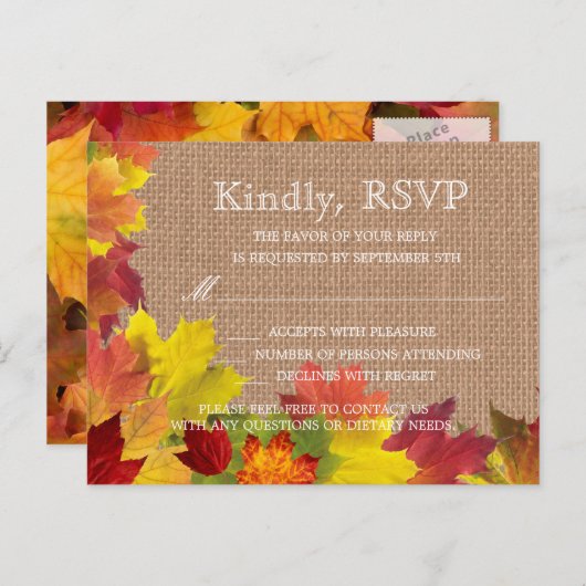 Invitation Carte Postale Rustic Fall quitte Burlap Wedding RSVP (Devant / Derrière)