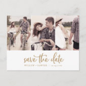 Invitation Carte Postale Rustic Gold Script 3 Photo Enregistrer la date (Devant)