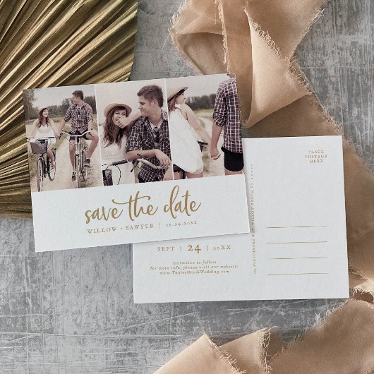 Invitation Carte Postale Rustic Gold Script 3 Photo Enregistrer la date