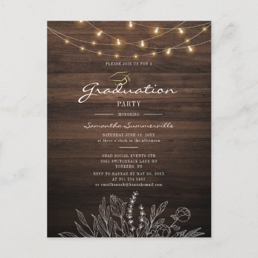 Invitation Carte Postale Rustic Graduation Party 2022 String Lights (Devant)