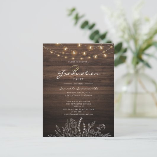 Invitation Carte Postale Rustic Graduation Party 2022 String Lights (Debout devant)