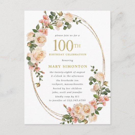 Invitation Carte Postale Rustic Ivory White Rose 100e fête d'anniversaire (Devant)