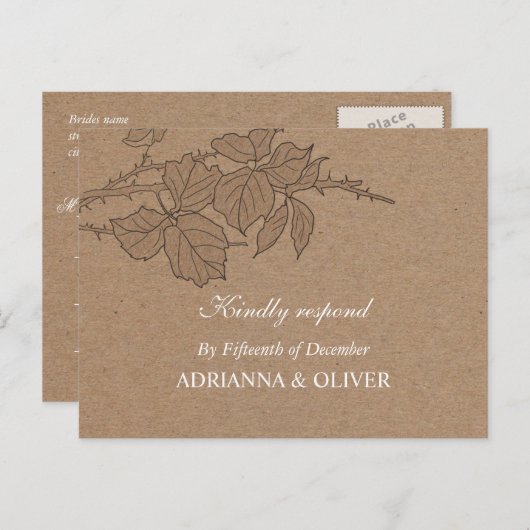 Invitation Carte Postale Rustic Kraft Papier Feuille Mariage Motif RSVP (Devant / Derrière)